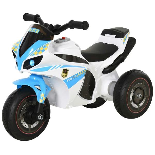 Blue and white kids ride-on police tricycle bike with black seat and handlebars