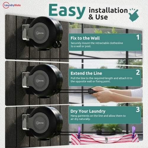 Laundry Mate Retractable Washing Line with 30M Drying Space – Twin Pull-Out Clothes Line for Indoor & Outdoor Use