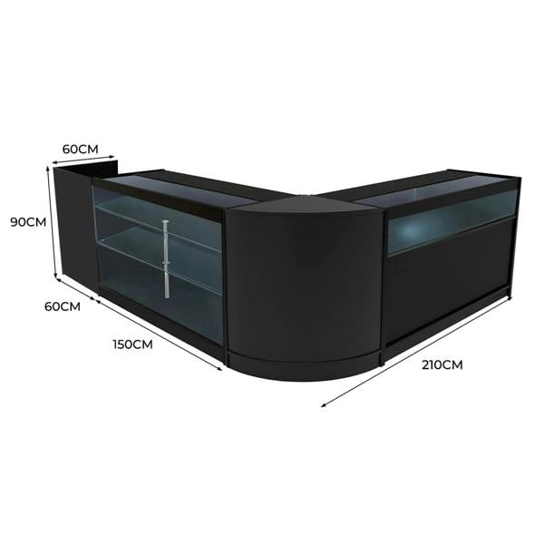 Polaris LED Shop Counter Set in sleek black, featuring glass displays, curved design, and dimensions of 210cm x 150cm x 90cm