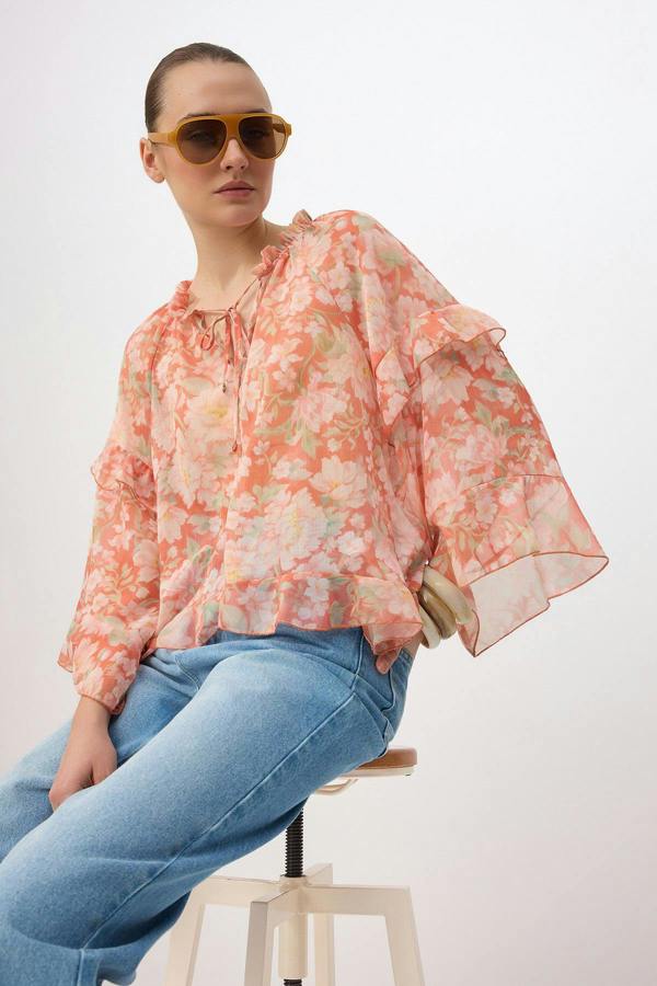 WOVCOR V Neck Raglan Sleeve Frill Detail Sheer Blouse