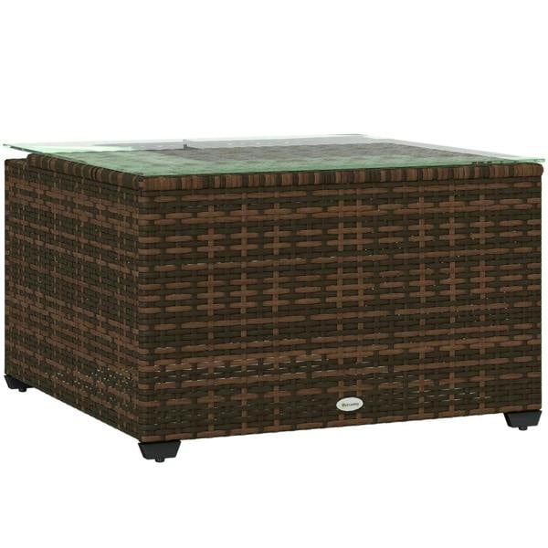 Brown rattan side table with clear glass top and corner-woven frame, 4 legs