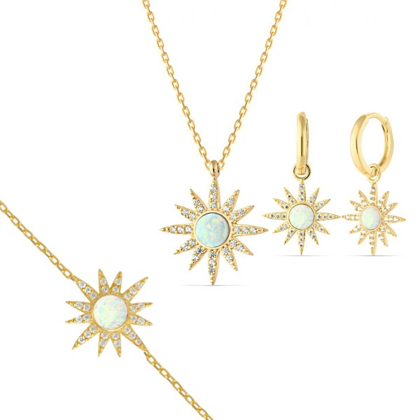 Spero London White Opal Sun Sterling Silver Necklace Earrings and Bracelet Set