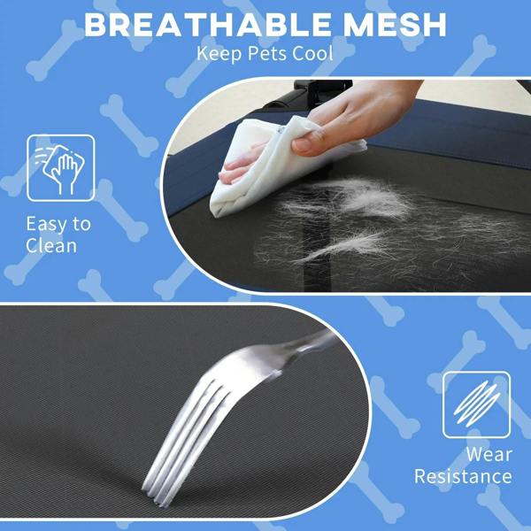 Breathable mesh raised pet bed shown with cleaning and fabric wear-resistance callouts