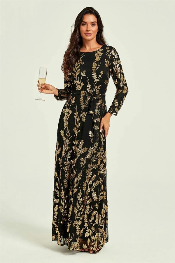 FS Collection Gold Sequin Leaf Long Sleeve Bridesmaid Maxi Dress In Black