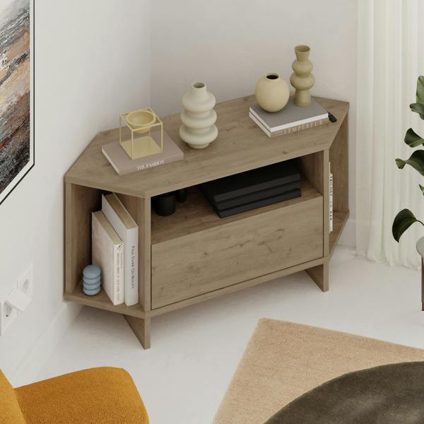 Decortie Modern Viva Corner TV Unit Shelf up to 36 Inch TVs Push to Open Storage Cabinet, 3 Open Shelf Media Centre 95.7(W)cm