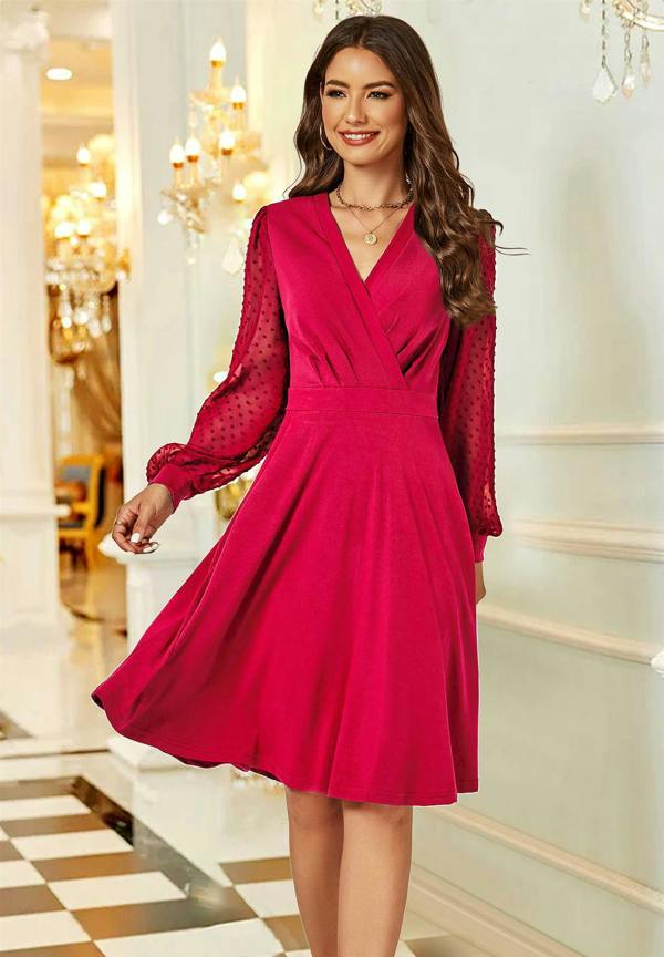 FS Collection Long Chiffon Sleeve Pleated Midi Dress In Wine