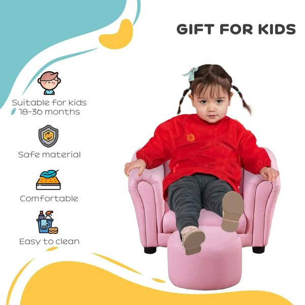 Pink kids armchair with round footstool; child seated facing camera.