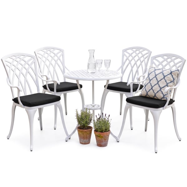 Centurion Supports OSHOWA Luxurious Garden and Patio Table and 4 Large Chairs with Armrests Cast Aluminium Bistro Set - White with Black Cushions