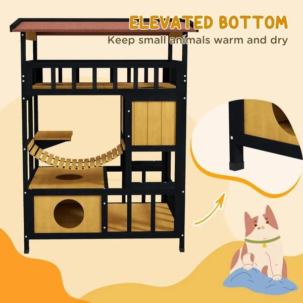 Elevated-bottom four-tier cat shelter with round entrance cutouts