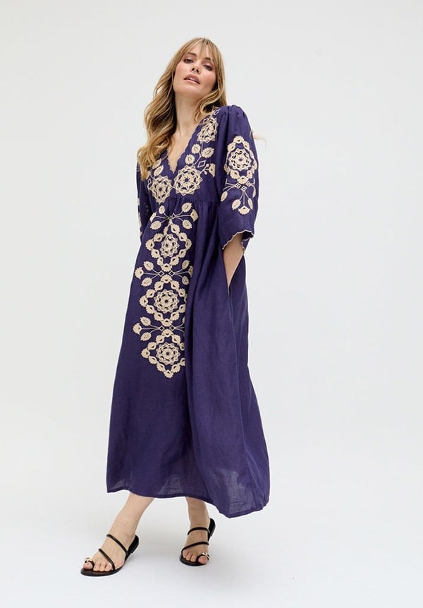 Raffya Arianna V- Neck Embroidered Maxi Dress In Blue