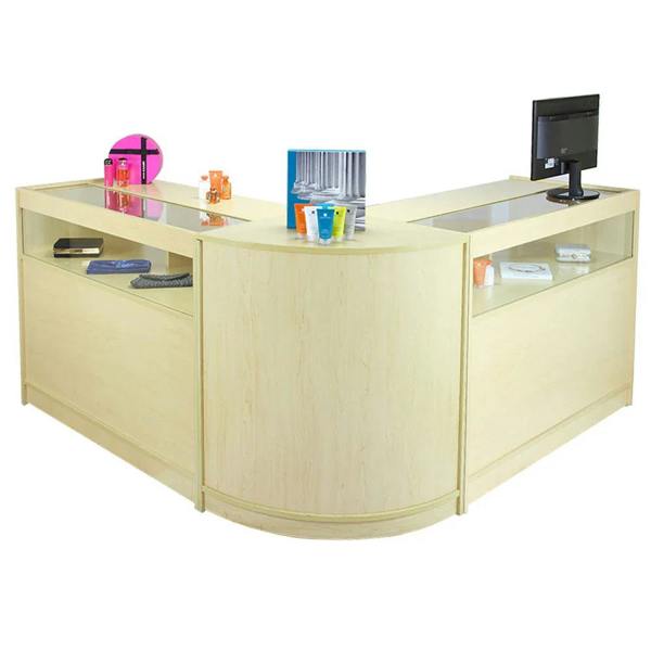 Fusion Maple Shop Counter & Retail Display Set featuring a light maple finish, curved design, glass display tops, and ample storage space
