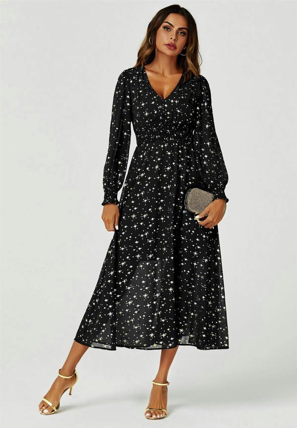 FS Collection Gold Star Foil Long Sleeve Maxi Dress In Black