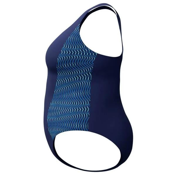 Navy Speedo placement medalist swimsuit with wavy blue pattern