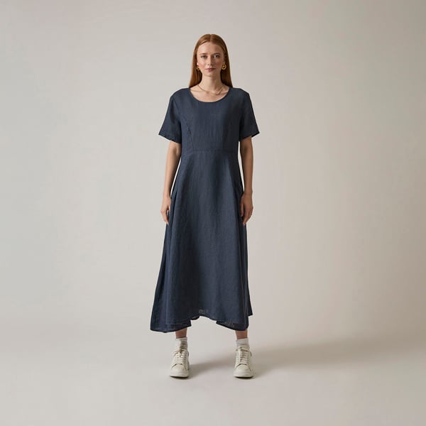 Navy linen midi dress with side pockets