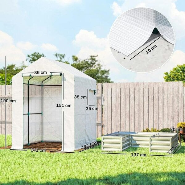 Bobobiy Small Greenhouse with Raised Garden Bed, Galvanised Walk-in Greenhouse with Roll Up Windows, 141 x 141 x 190 cm, White
