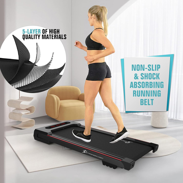 Strongology MOTIONIC BLACK Home and Office Ultra Quiet Adjustable Speed 1-8km/h Slimline 2.5HP Bluetooth Treadmill with LED Display - Fully Assembled