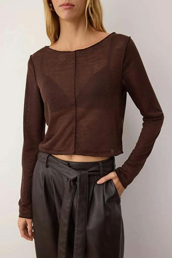 WOVCOR Transparent Ribbed Crop Knit Blouse
