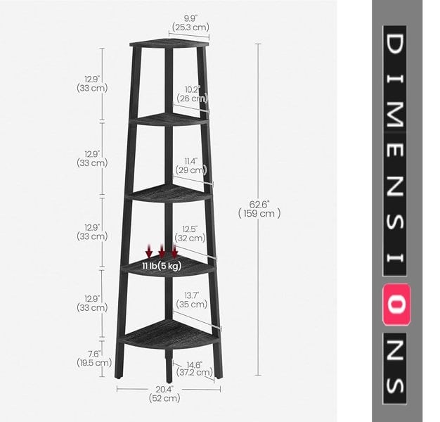 Modcraft 5-Tier Corner Shelf Unit, Industrial Ladder Shelf for Living Room, Bedroom 159 cm - Black