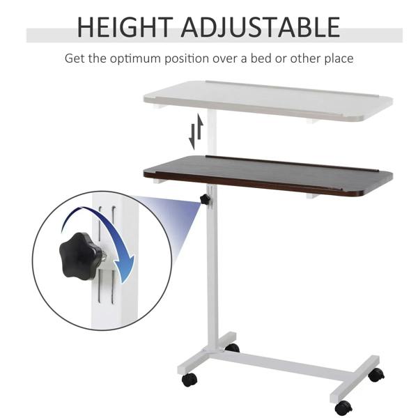 Height-adjustable C-shaped desk with brown top, white frame, and hand knob