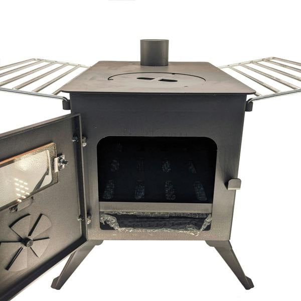 Wood stove with open door on a white background