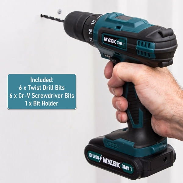 MYLEK 18V Cordless Drill Driver with Two Li-ion Batteries And UK Charger, Screwdriver Action And Accessory Kit