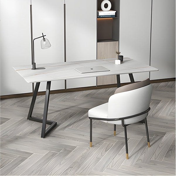 Sierra Office Desk, Sintered Stone in a lifestyle setting with curved office desk