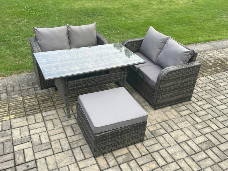 Fimous Garden Patio Furniture Wicker Rattan Oblong Rectangular Dining Table and Loveseat Sofa set with Big Footstool Dark Grey Mixed