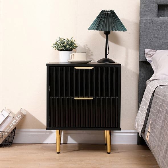 MMT Furniture Designs Bedside Table, 2 Drawers, White/Black with Gold Legs, 42cm Wide Chest