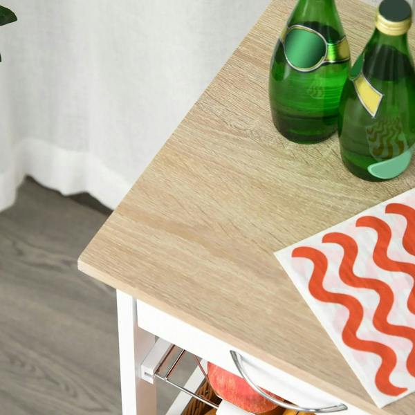 Wood tabletop on white kitchen trolley with metal pull handle and open shelf