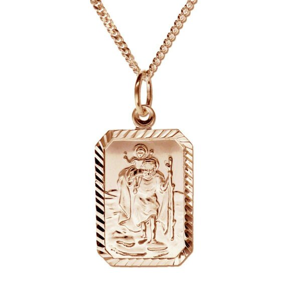 Christopher James of London 9ct Rose Gold Plated Diamond Cut Rectangle St Christopher Pendant With Optional Engraving and Chain