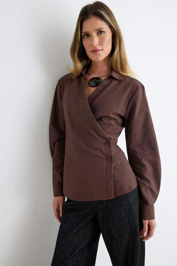 WOVCOR Asymmetric Button Detail Regular Fit Long Sleeve Shirt - Brown