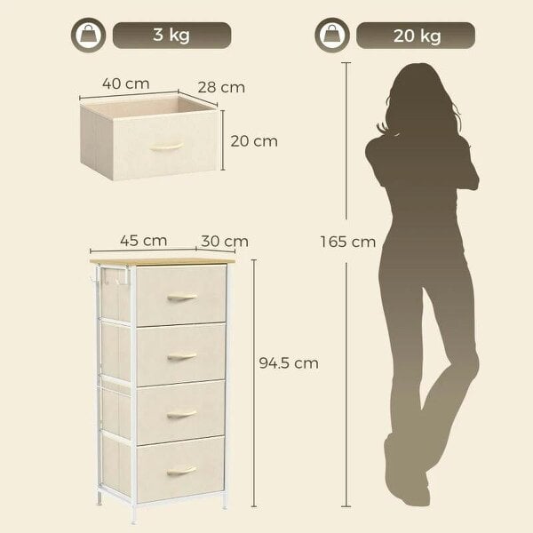 Chest of Drawers with 4 Fabric Drawers, Tall Storage Unit with 2 Hooks and Steel Frame for Bedroom, Beige