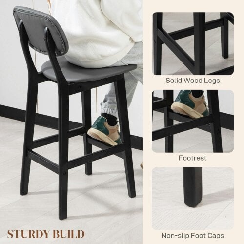 Wyld Haus Lavidiel Faux Leather Dark Grey Bar Stools Set Of 2 With Back Support And Wood Legs