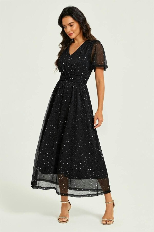 FS Collection Silver Sequin Pleated Ruched Waist Midi Dress Black