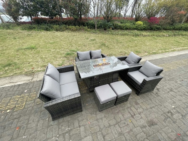 Fimous Rattan Outdoor Furniture Gas Fire Pit Rectangle Dining Table Gas Heater Chairs Two Seater Love Sofa Sets Footstools 8 Seater