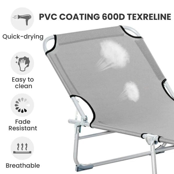 Reclining Sun Lounger Chair Folding Camping Bed with 4-Position Adjustable Backrest, Grey