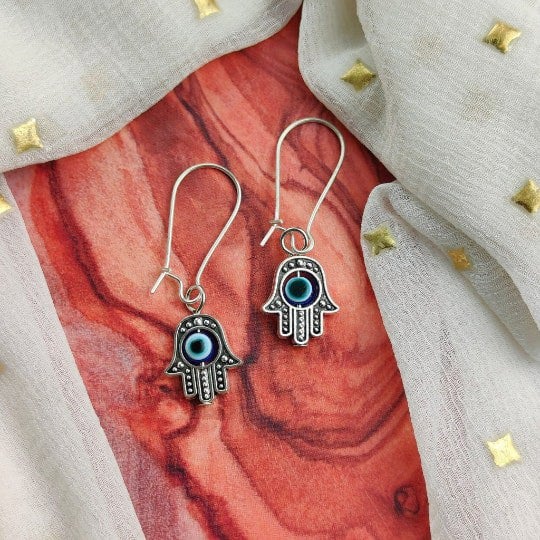 The Colourful Aura Long Silver Evil Eye Dainty Fatima Hand Hamsa Huggie Latch Back Boho Earrings