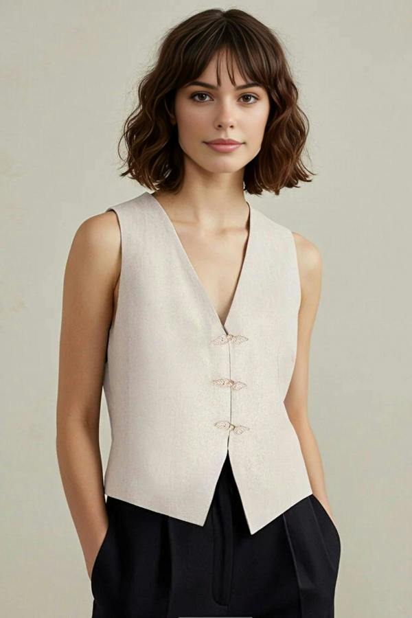 WOVCOR Linen Look Front Tie V-Neck Woven Vest
