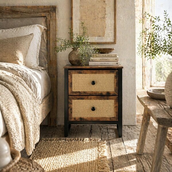 Wyld Haus Mata Coyo Brown Industrial Bedside Table Wicker 2 Drawers