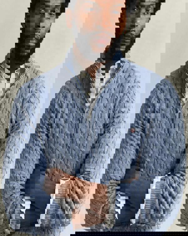 GANT Mens Cotton Cable Half Zip Jumper - 430 Faded Denim