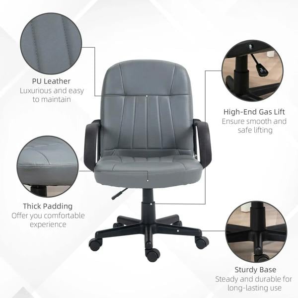 Grey PU leather desk chair with thick padding, gas lift base, and armrest panels