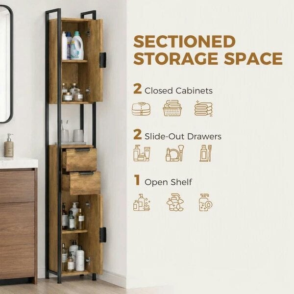 Freestanding Bathroom Cabinet, Tall Bathroom Storage Cabinet with Drawers and Shelves, Linen Storage, Brown