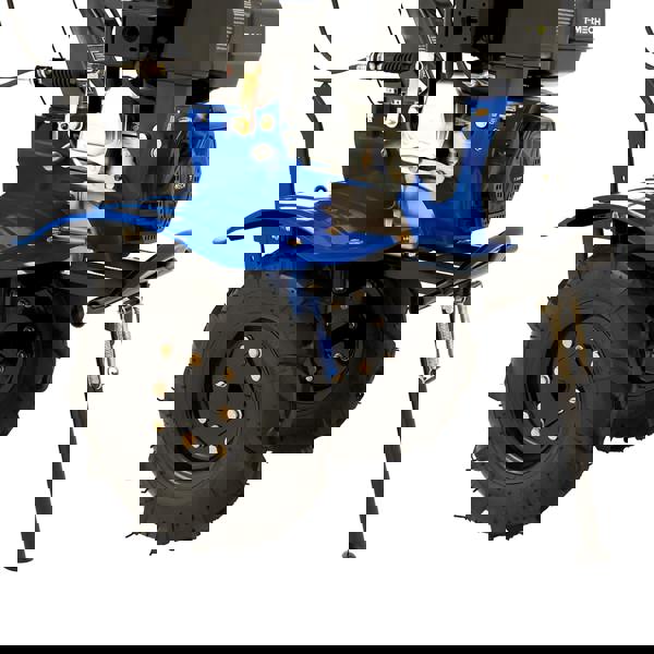 7.5hp petrol rotavator with sturdy black wheels, blue body, and robust engine, designed for efficient soil tilling and gardening tasks