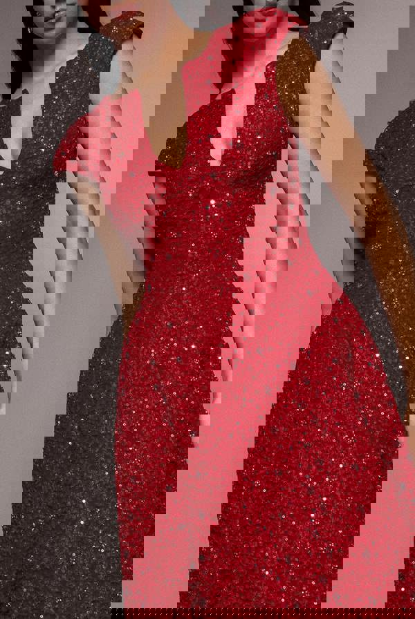 Bead Embellished Jacquard A Line Midi Dress - Red DR4795