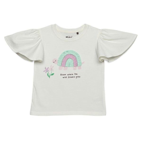 Mini Cuddles Baby Girls Turtle Applique Flared Sleeve Top, Off White