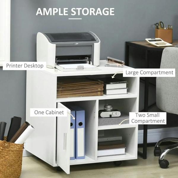 White office printer stand with printer top, two compartments, and cabinet door
