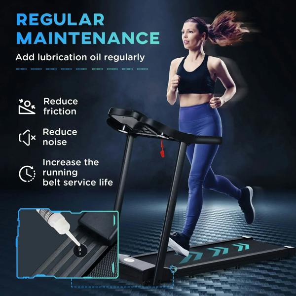 Black treadmill running deck with maintenance-focused design details