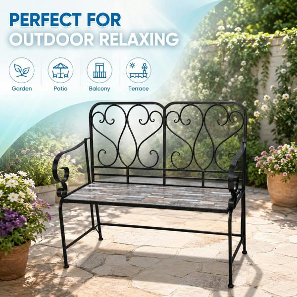 Oasis Mosaic 2 Seater Garden Bench, 112cm Outdoor Patio Seat with Ceramic Tile Seat, Scrollwork Backrest & Metal Frame image 5