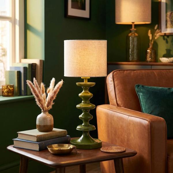 Modern Olive Green Gloss Table Lamp Base with Chic Round Step Design Image 6