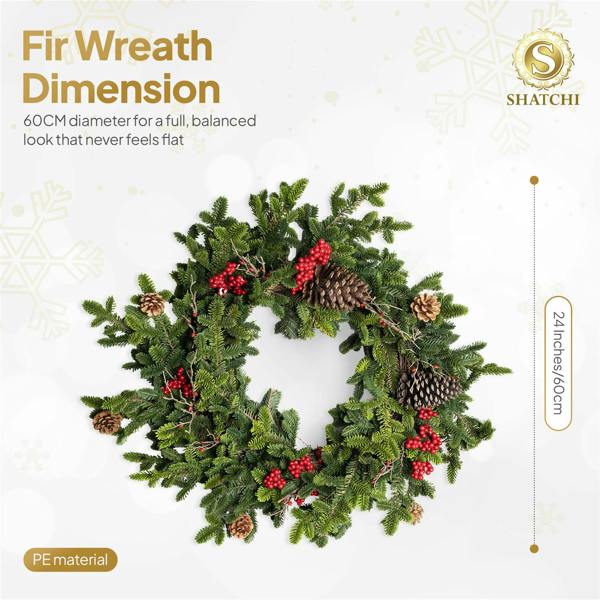 60cm Green Fir Christmas Wreath with Berries and Pine Cones, PE Artificial Door Decoration image 6